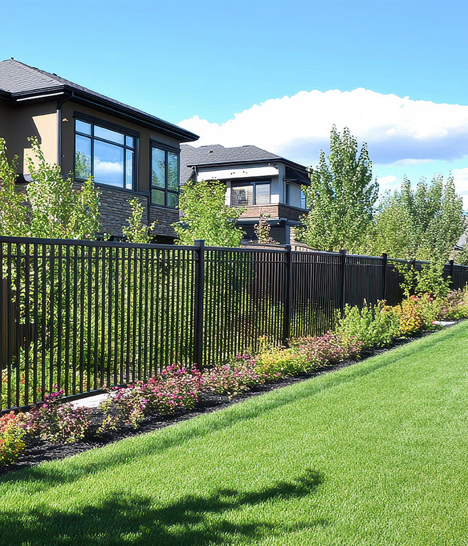 dark metal fence with garden and trimmed grass