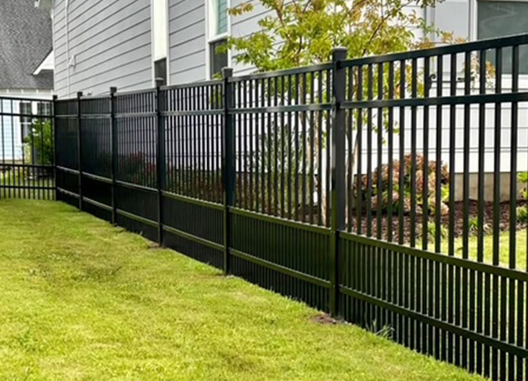 dark metal fence and trimmed grass